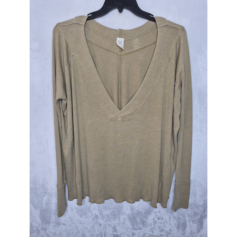 We The Free Free People Distressed Ribbed Thermal Top Womens Medium Tan V-Neck